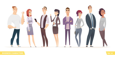 Collection of charming young entrepreneurs or businessmen and managers. Business people standing togever. Flat modern cartoon style