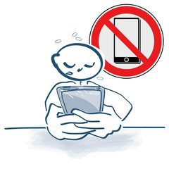 Strichmännchen sitzt in der Schule und hat ein Verbot das Smartphone zu benutzen