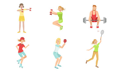 Fototapeta na wymiar People Doing Different Kinds of Sports Set, Sportive Men and Women Exercising with Dumbbells and Barbell, Playing Table Tennis and Badminton Vector Illustration