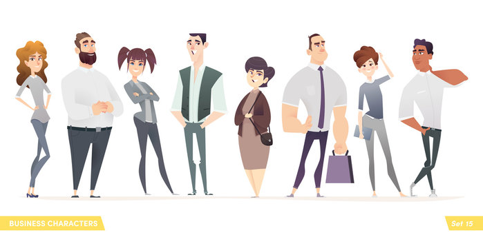 Collection of charming young entrepreneurs or businessmen and managers. Business people standing togever. Flat modern cartoon style