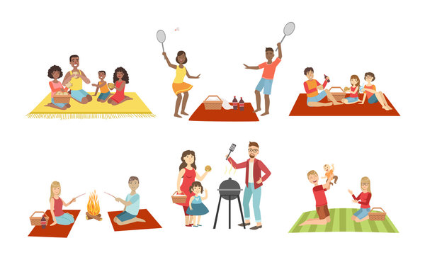 Families Having Picnic In Park Set, People Eating and Relaxing, Cheerful Family Couples and Kids Spending Time Together Vector Illustration