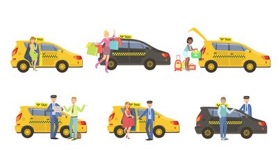 Taxi Service Set, Taxi Driver in Yellow Car and Passengers, Customers Catching Auto Vector Illustration