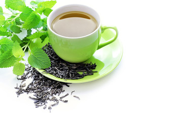 cup of healthy tea on white background