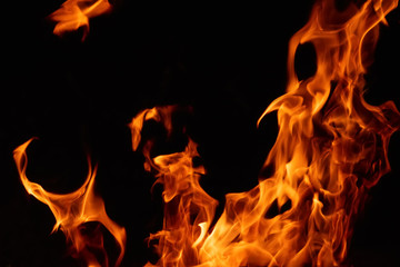 Fire flames on black background, texture, close up
