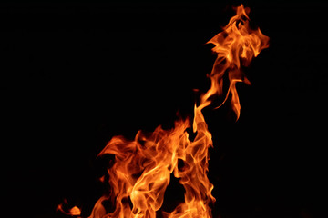 Fototapeta na wymiar Fire flames on black background, texture, close up