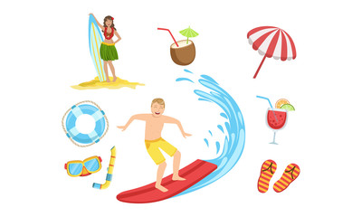 Summertime Sports Activities and Hobbies Set, People Relaxing on Summer Vacation Vector Illustration