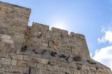 Fototapeta na wymiar The city wall near the Jaffa Gate in old city of Jerusalem, Israel