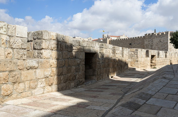 Pedestrian part of city walls near the Jaffa Gate in old city of Jerusalem, Israel