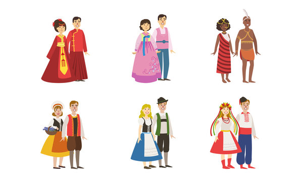 Men and Women Dressed Folk Costumes of Various Countries Set, Denmark, Ukraine, Finland, China, Korea, Ethiopia Vector Illustration