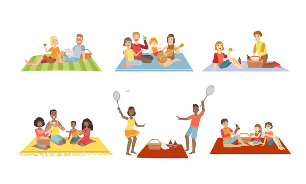 Families Having Picnic In Park Set, People Sitting On Plaids, Eating Relaxing, Playing Badminton, Happy Couples and Kids Spending Time Together Vector Illustration