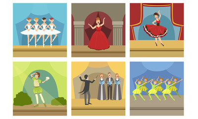 Actors Performing on Stage Set, Music Concert with Opera Singers and Ballet Dancers, Theatrical Stage Interior Vector Illustration