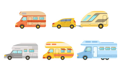 Collection of Camper Trailers Set, Trailering, Camping, Outdoor Adventures Vector Illustration