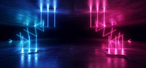 Sci Fi Neon Glowing Lights Blue Purple Shaped Lines Cables Plugs Floor Lasers Studio Stage Show Night Retro Futuristic Modern Background Empty Concrete Grunge Virtual Dark 3D Rendering