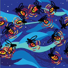 Seamless pattern with fireflies. Stylish designer print. Luminous insects against the sky.