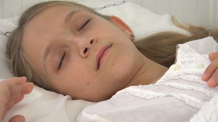 Sick Child Sleeping in Bed, Ill Kid, Little Girl in Hospital Medicine Pill