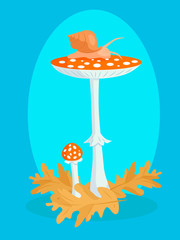 Beautiful illustration of toadstools in the forest. Flat style. Forest, autumn, mushrooms, oak leaves.