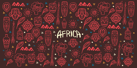 Fototapeta na wymiar Hand draw doodles of Africa word. Colorful illustration. Background with lots of objects.