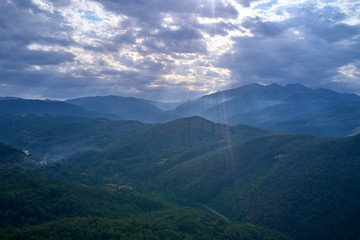 Aerial photography. Panoramic view of the Alps north of Italy. Trento Region. Great trip to the Alps.