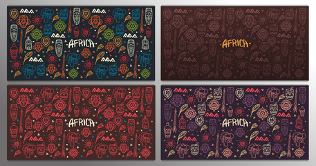 Set of Hand draw doodles banners of Africa word. Colorful illustration. Background with lots of objects.