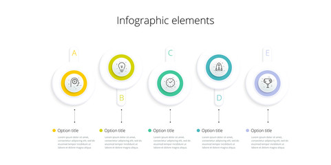 Business process chart infographics with 5 step options. Square corporate workflow graphic elements. Company flowchart presentation slide template. Vector info graphic design.