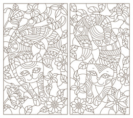 A set of contour illustrations of stained glass cats on a background of flowers, dark outline on a white background
