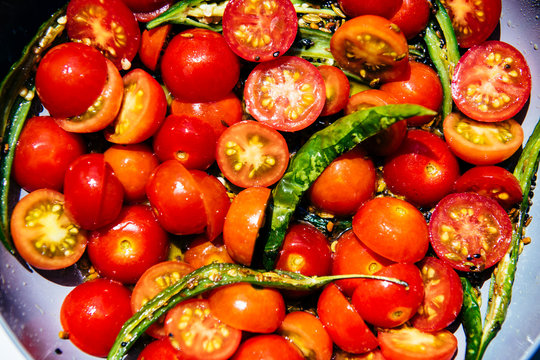 Cherry Tomatoes and Chili Peppers Closeup