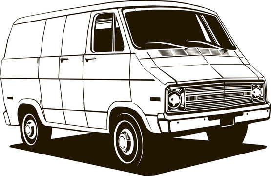 classic commercial van, 1970 s style, vector drawing, graphic, isolated, monogram, symbol, logo