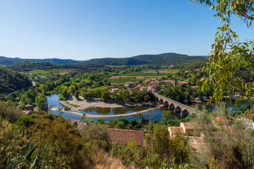 The bend and bridge on the river Orb at Roquebrun  in the Haut Languedoc, France