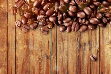 Coffee Beans on wooden table top view