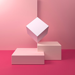 Empty podium for product visualization. Geometric shape pink scene. Minimal 3d render