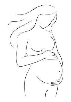 recommend clip art: Contour of nude pregnant woman. Outlines of the body of a pregnant girl. Black and white vector illustration. Linear silhouette of a girl figure.