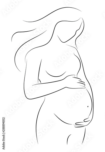 Contour of nude pregnant woman. Outlines of the body of a ...
