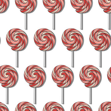 Seamless pattern with hand drawn lollipops on a white background.