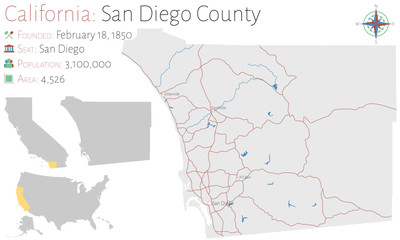 Large and detailed map of San Diego county in California, USA