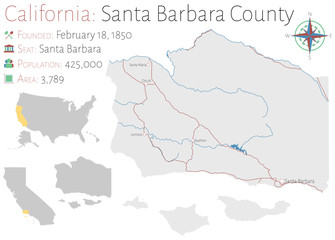 Large and detailed map of Santa Barbara county in California, USA - obrazy, fototapety, plakaty