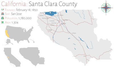 Large and detailed map of Santa Clara county in California, USA