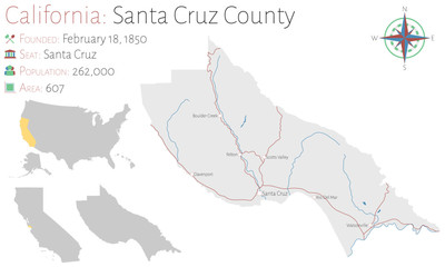 Large and detailed map of Santa Cruz county in California, USA