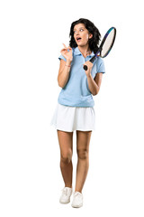 A full-length shot of a Young tennis player woman intending to realizes the solution while lifting a finger up over isolated white background