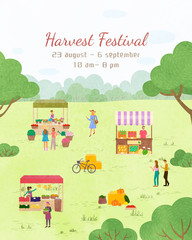 Harvest festival postcard decorated by marketplace with vegetables and fruit. Tent with flowers, man and woman shoppers, 23 August, 6 September. Funny spending time on harvest festival. Flat cartoon
