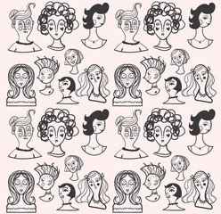 black and white seamless pattern with girls faces