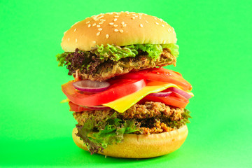 burger (roll, cutlets, cheese, lettuce, tomato, onion, sauce and more) menu concept. food background. copy space. Top view