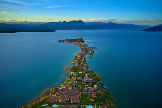 Aerial photography with drone, lake Garda, Sirmione del Garda, Italy.