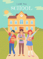 Obraz na płótnie Canvas Black to school in autumn classmates outdoors vector. Schoolboy and schoolgirl waving, path to educational institution. Building with clock on top, teenagers. Back to school concept. Flat cartoon