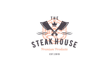 Engraving logo meat steak silhouette and modern vintage typography hand drawn style vector illustration.