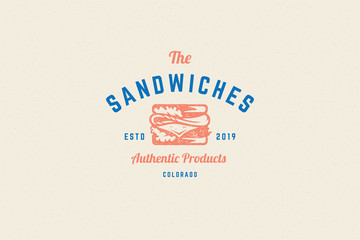 Engraving logo sandwich silhouette and modern vintage typography hand drawn style vector illustration.