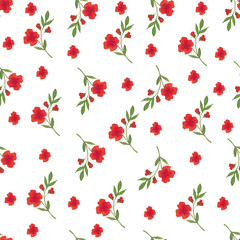 Red delicate flowers and leaves on a white seamless background