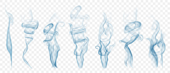 Set of realistic transparent smoke or steam in light blue colors, for use on light background. Transparency only in vector format