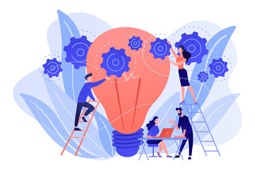 Business team putting gears on big lightbulb. New idea engineering, business model innovation and design thinking concept on white background. Living coral blue vector isolated illustration