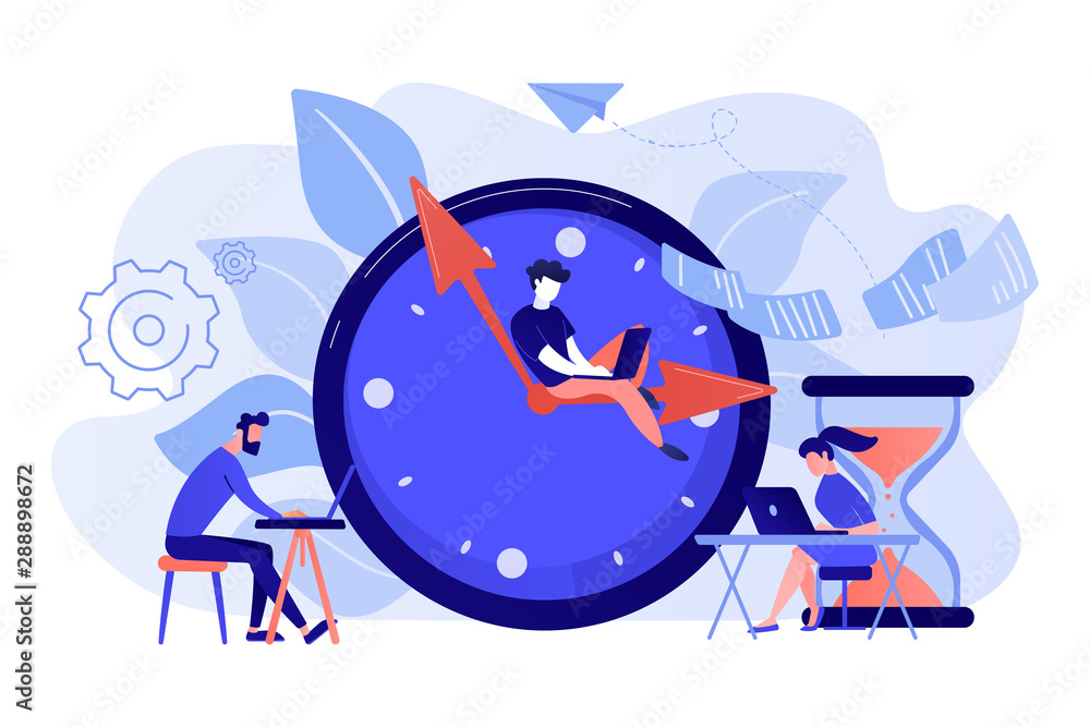 Poster busy business people with laptops hurry up to complete tasks at huge clock and hourglass. deadline, 