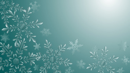 Fototapeta na wymiar Christmas composition of large complex transparent snowflakes in light blue colors on gradient background. Transparency only in vector format